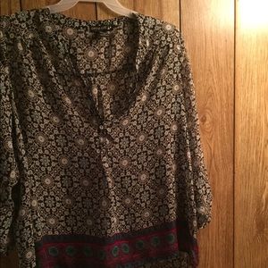 1X Living Doll sheer polyester black print blouse